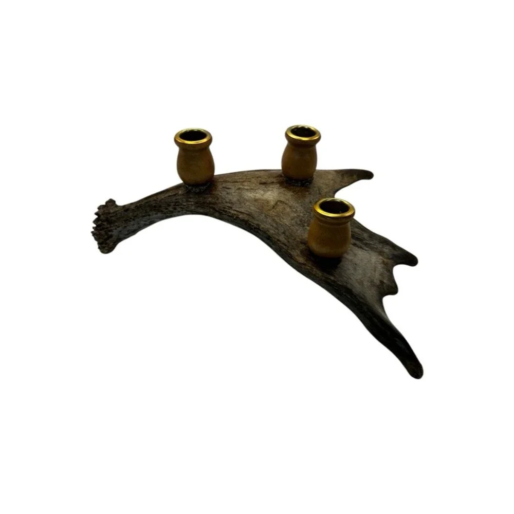 Genuine Moose Antler Candle Holder 3 Cup Rustic Cabin Decor Handmade Signed 12”